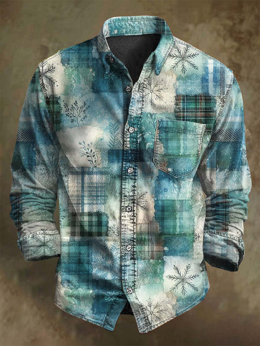 Camisa de manga larga con estampado de cuadros de patchwork de Navidad