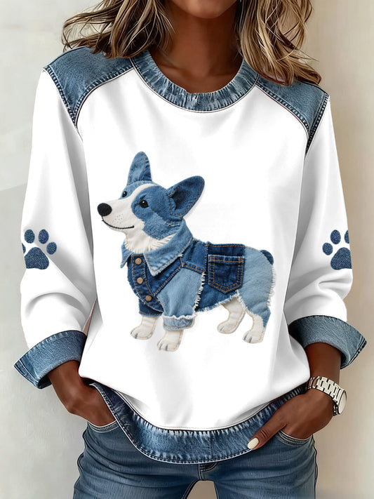 Encantador de las mujeres Corgi Dog Pattern Denim Patchwork Sudadera