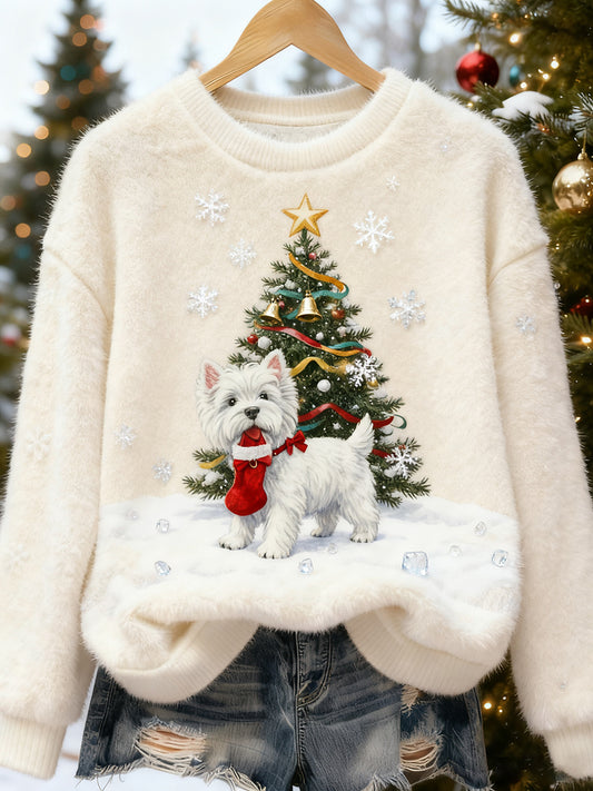 Top casual de franela con estampado de arte navideño de animales retro para mujer