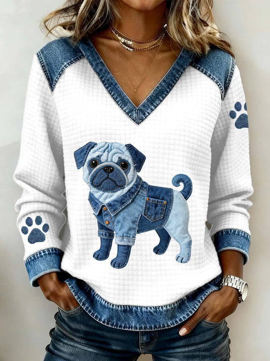 Mujer Lovely Pug Dog Pattern Denim Patchwork V-Neck Top
