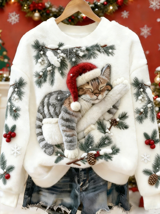Sudadera con capucha de franela casual con estampado de arte lindo de Navidad para mujer