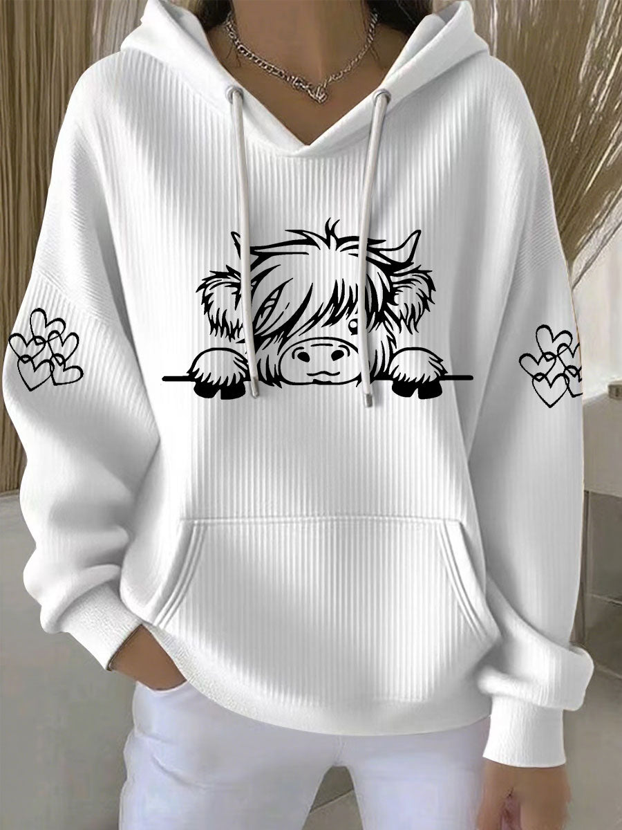 Mujer Highland Cow Print Casual Hoodie