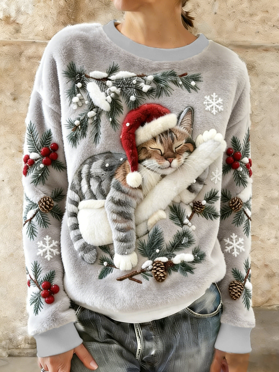 Sudadera con capucha de franela casual con estampado de arte lindo de Navidad para mujer