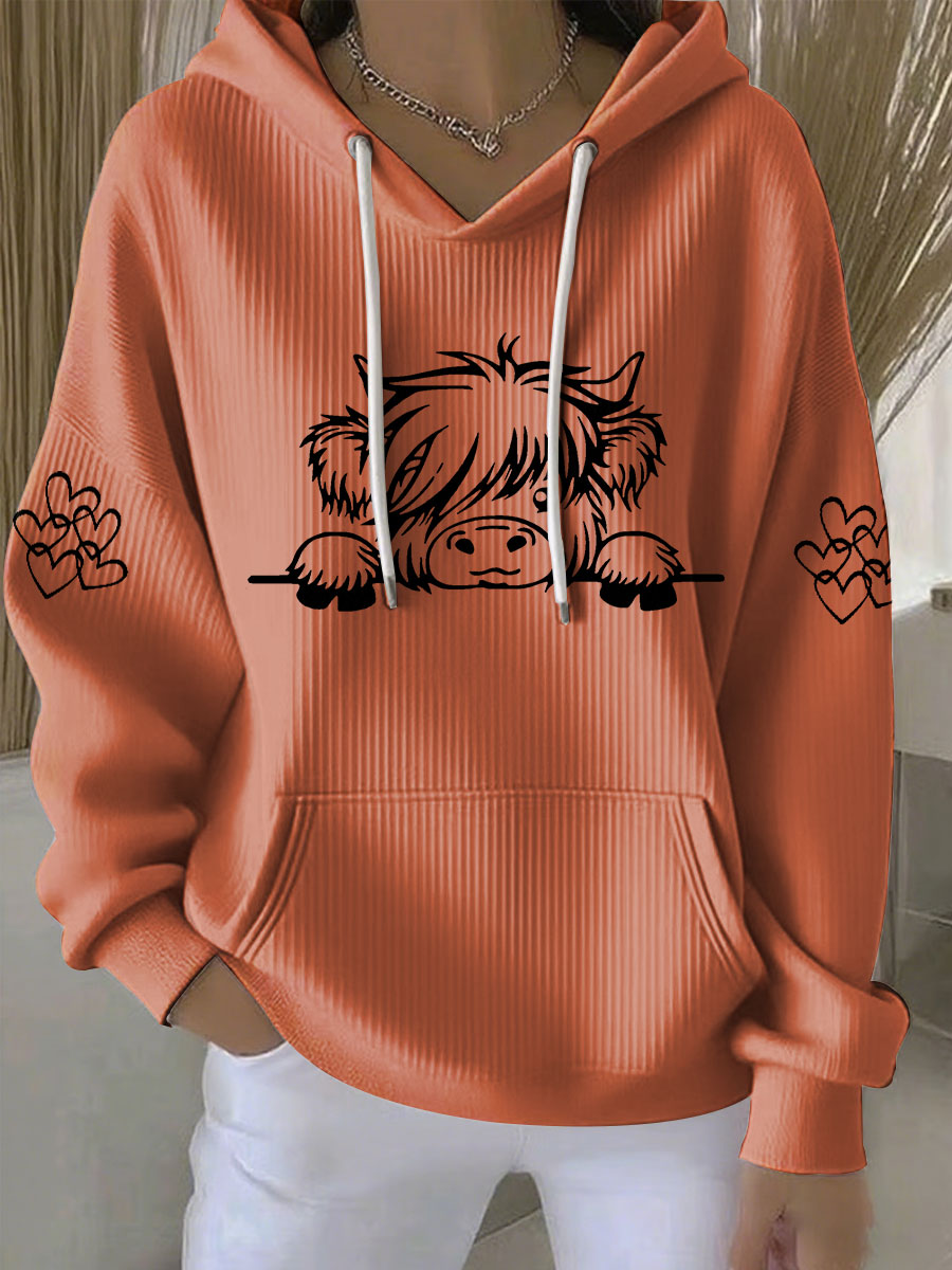 Mujer Highland Cow Print Casual Hoodie