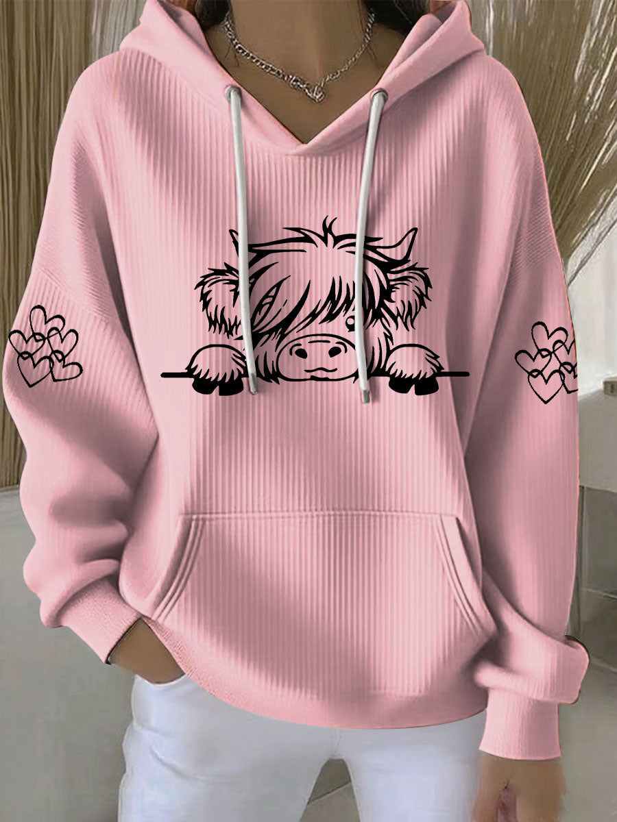 Mujer Highland Cow Print Casual Hoodie