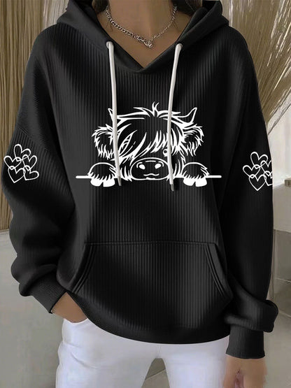 Mujer Highland Cow Print Casual Hoodie
