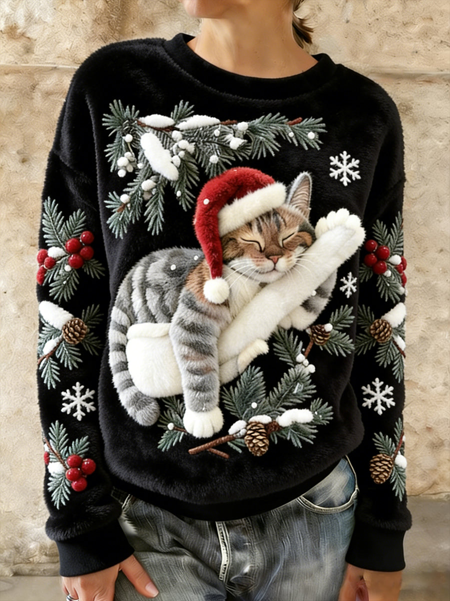 Sudadera con capucha de franela casual con estampado de arte lindo de Navidad para mujer