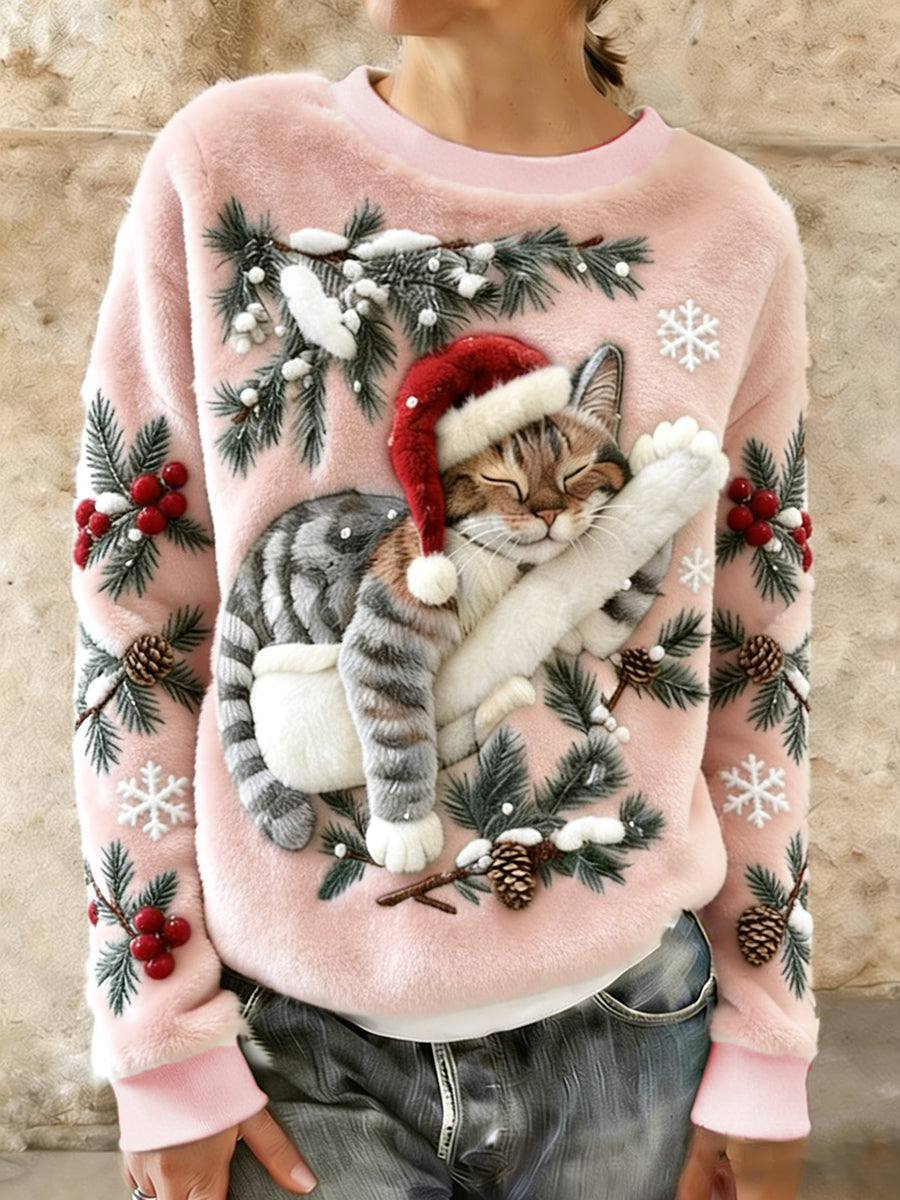 Sudadera con capucha de franela casual con estampado de arte lindo de Navidad para mujer