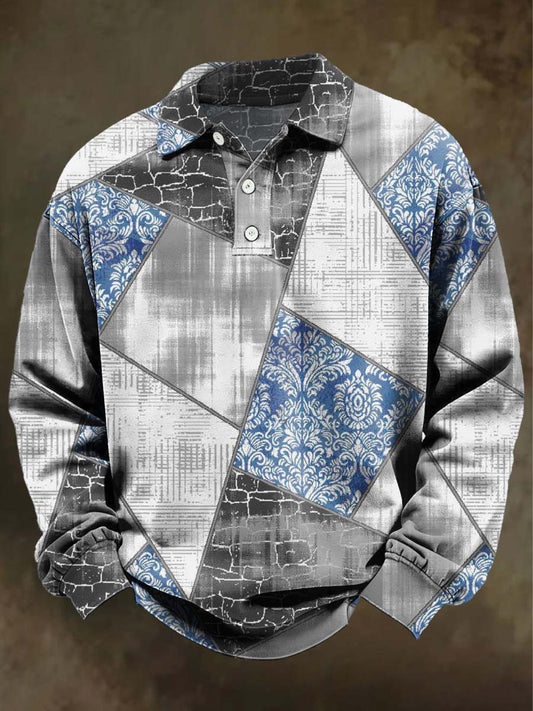 Polo informal de manga larga con estampado floral geométrico abstracto retro