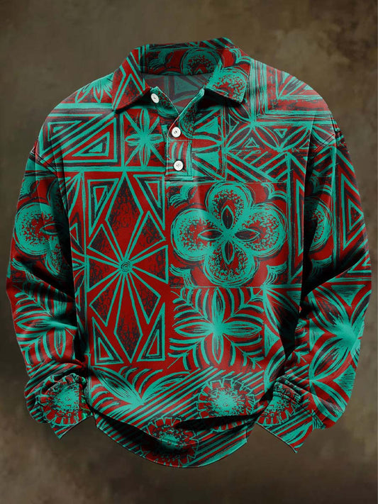 Polo de manga larga casual con estampado floral geométrico vintage abstracto