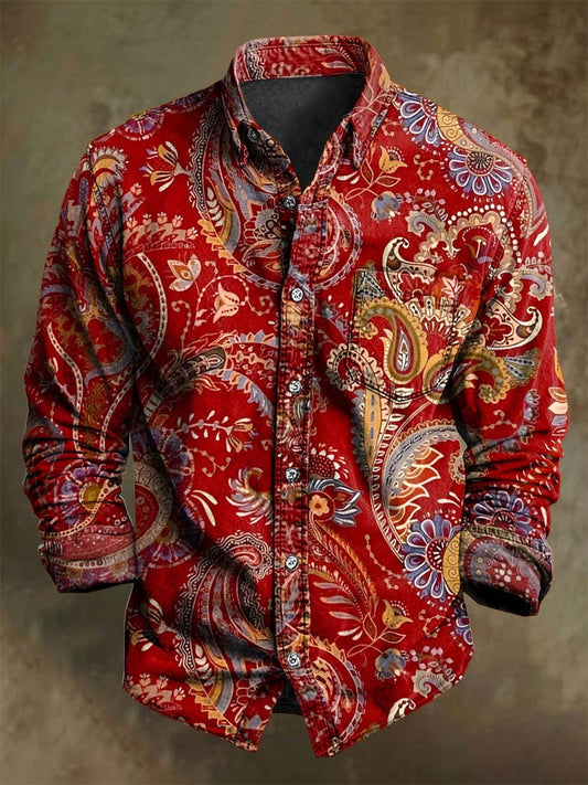 Camisa de manga larga casual con estampado floral retro de Paisley