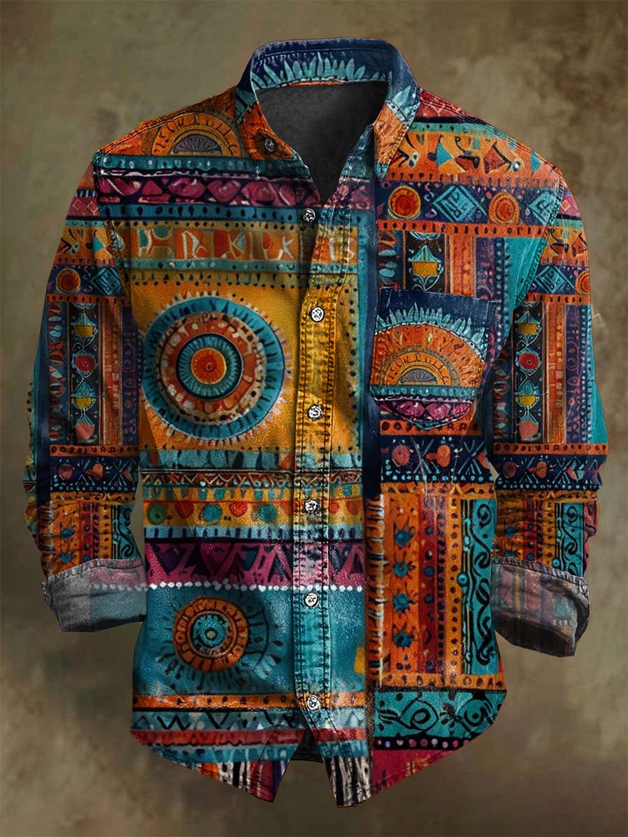 Camisa de manga larga casual con estampado retro occidental