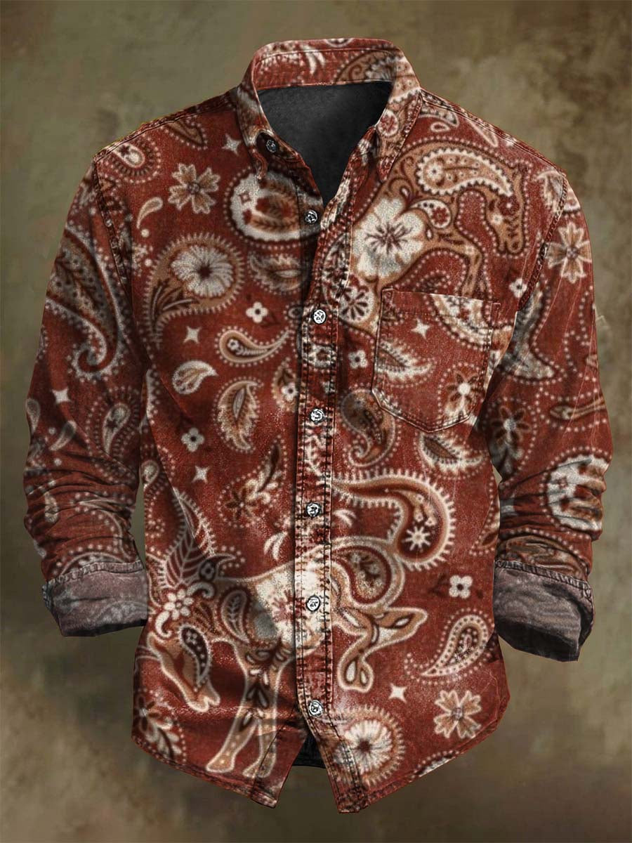 Camisa de manga larga casual con estampado floral de vaquero occidental retro