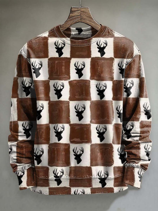 Retro Deer Antler Plaid Print Casual Crewneck Sudadera