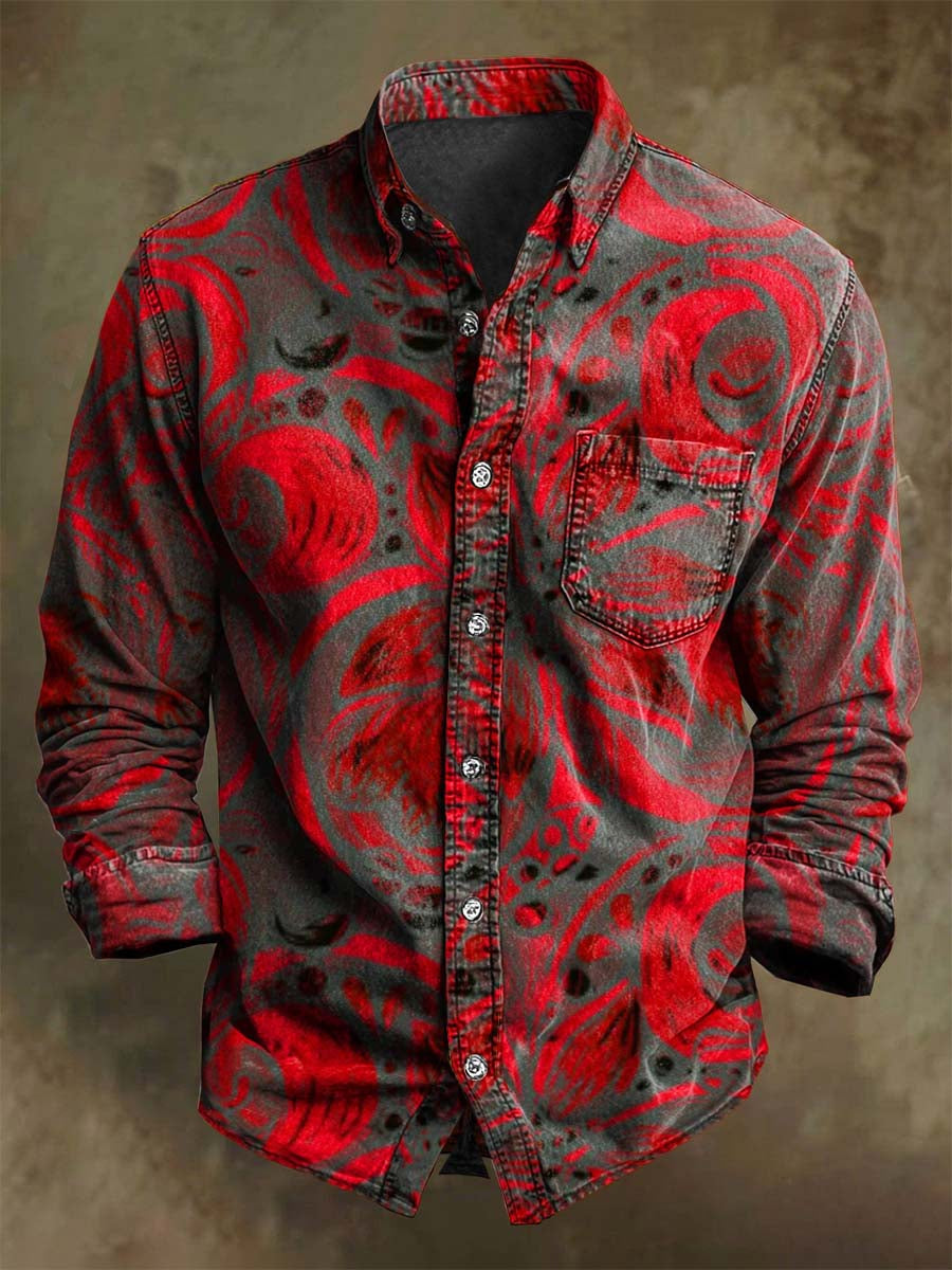 Camisa de manga larga casual con estampado floral retro de Paisley