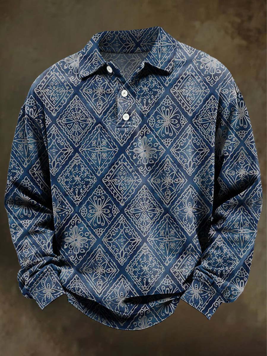 Polo de manga larga casual con estampado floral retro