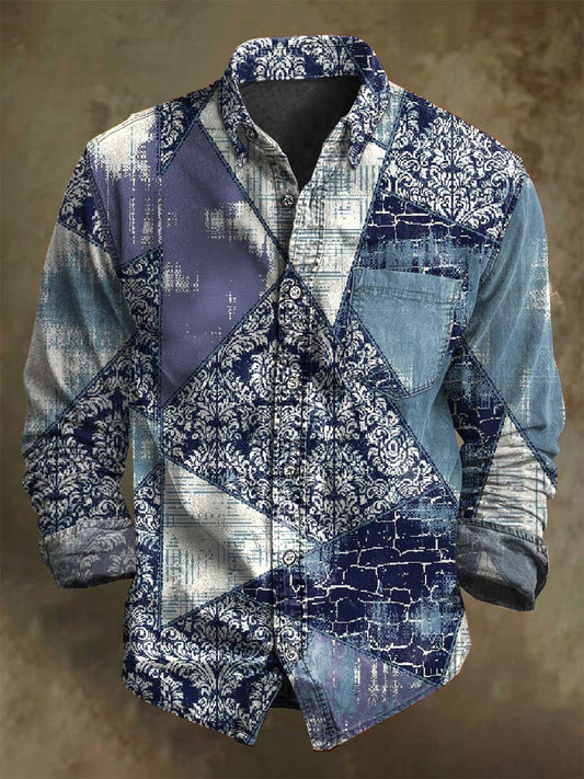 Camisa de manga larga casual con estampado geométrico retro abstracto
