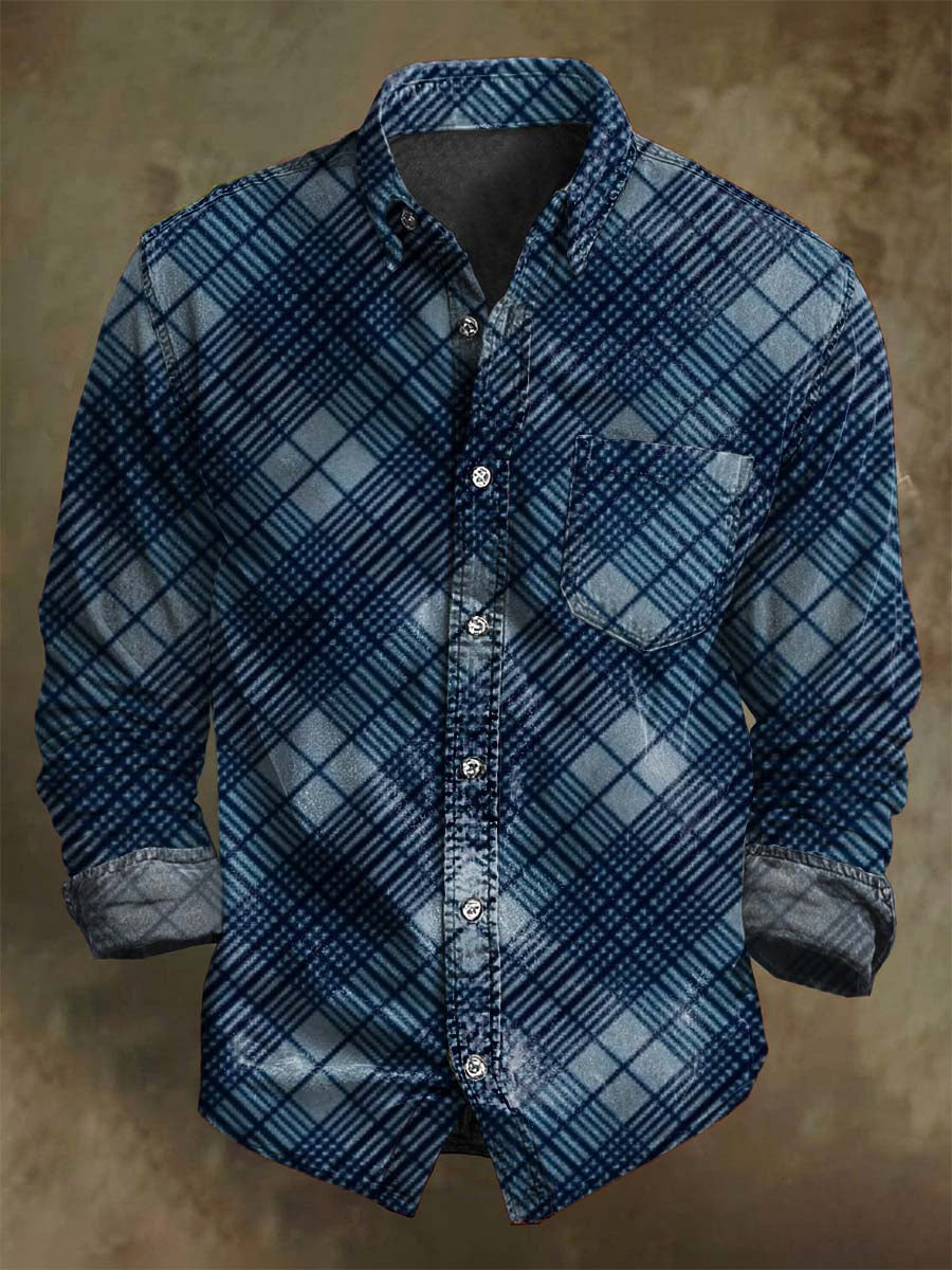 Camisa de manga larga casual con estampado retro a cuadros