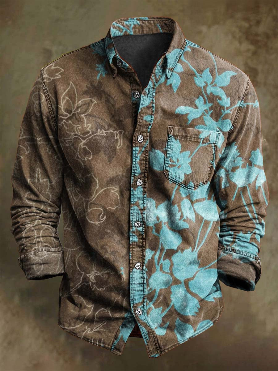 Camisa casual de manga larga con estampado floral abstracto retro