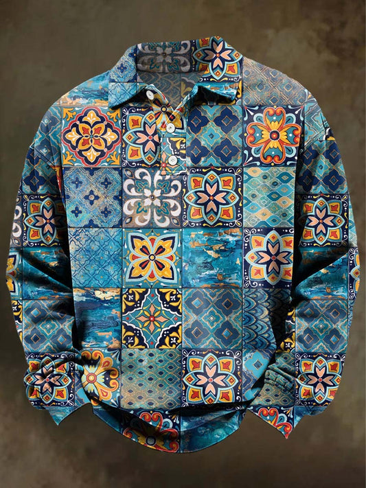 Polo informal de manga larga con estampado floral de mandala retro
