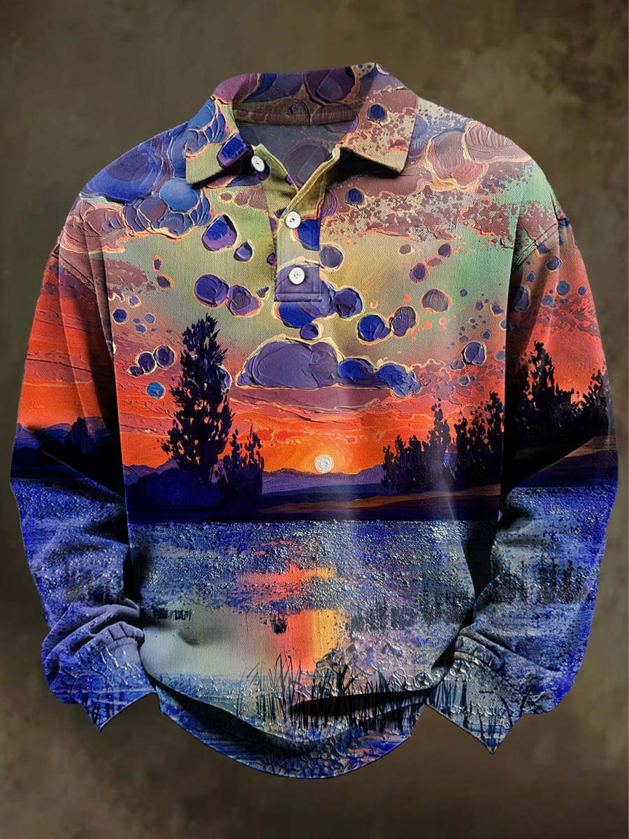Resumen Lakeside Sunset Print Casual Polo de manga larga