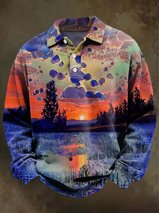 Resumen Lakeside Sunset Print Casual Polo de manga larga