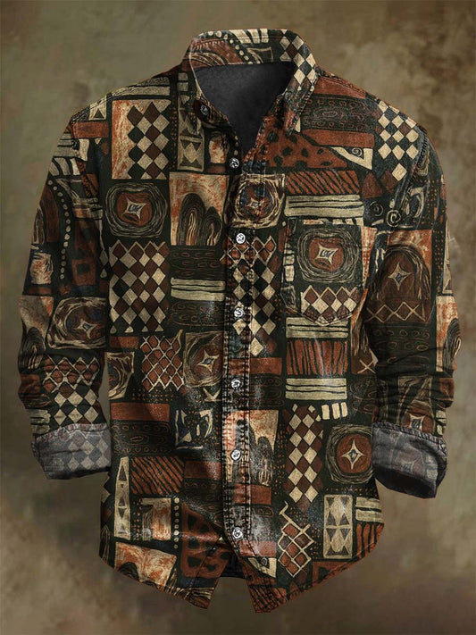 Camisa de manga larga casual con estampado geométrico retro abstracto