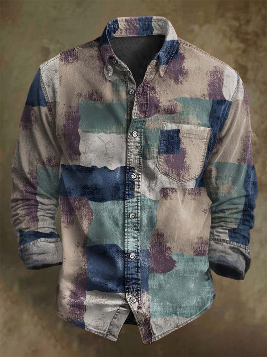 Camisa de manga larga casual con estampado geométrico retro abstracto