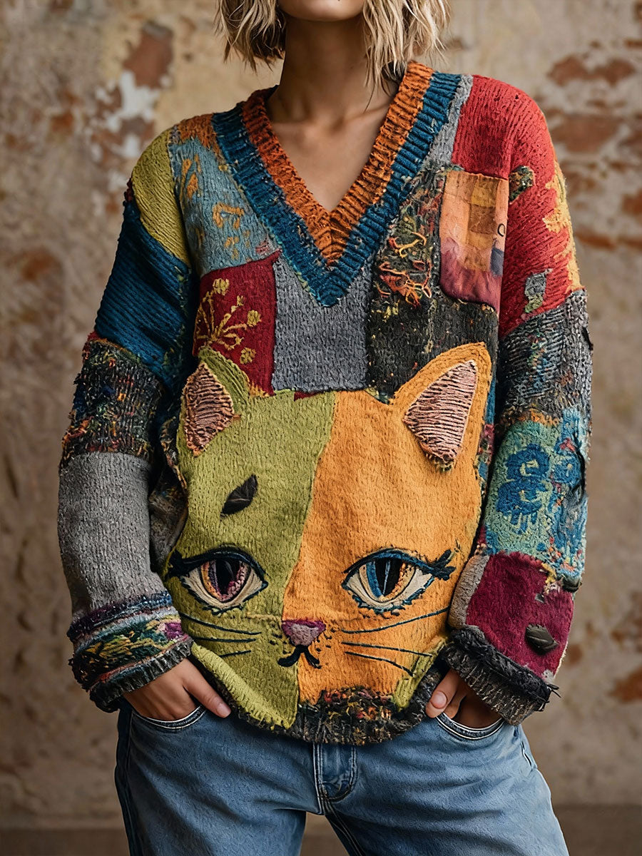 Tops con cuello en V Cat Art de mujer