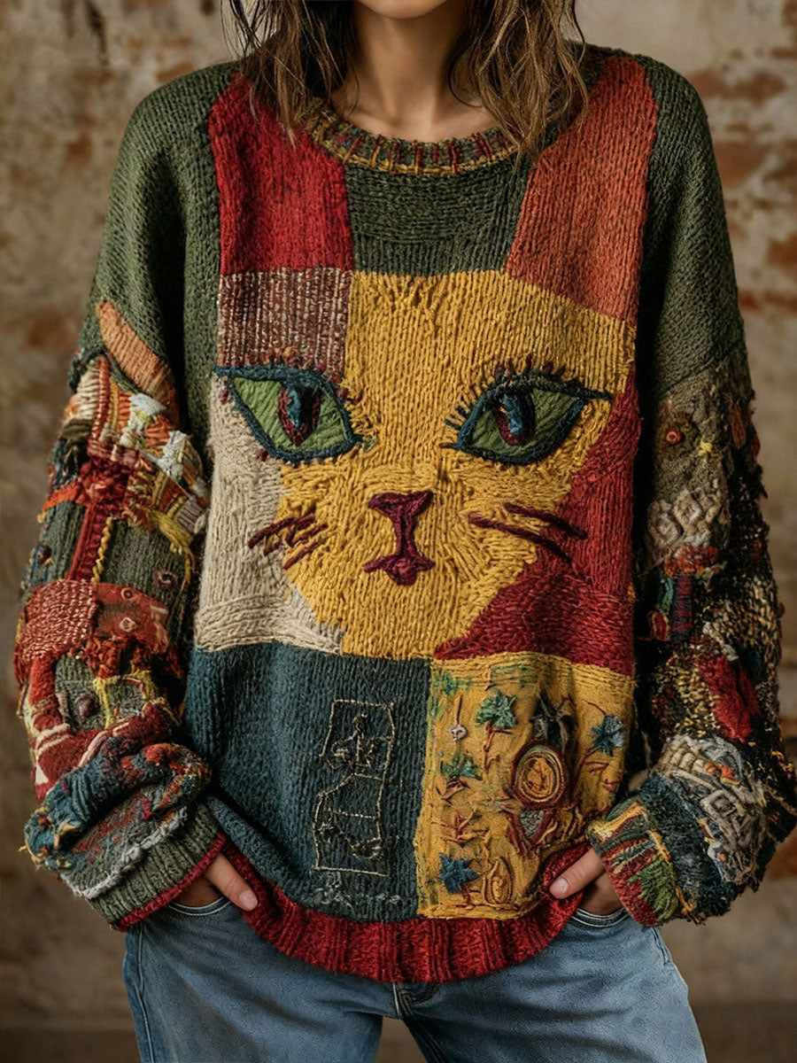 Mujer Vintage Estampado Geométrico Gato Tops