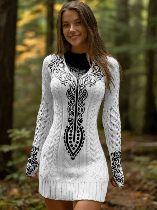 Elegante Negro-Vine Patrón Hungría Vestido de punto de las mujeres