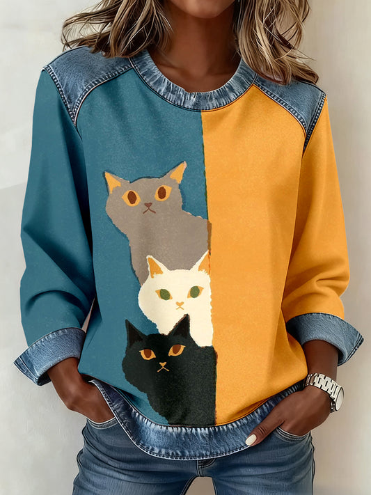 Sudadera de mujer Cute Cat Print Denim Patchwork