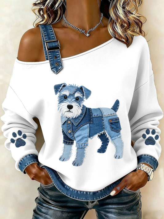 Encantador Schnauzer Dog Pattern Denim Patchwork Top para mujer