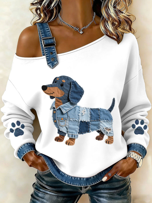 Encantador Dachshund Patrón Denim Patchwork Top de mujer