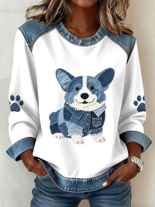 Encantadora mujer Corgi patrón Denim Patchwork sudadera