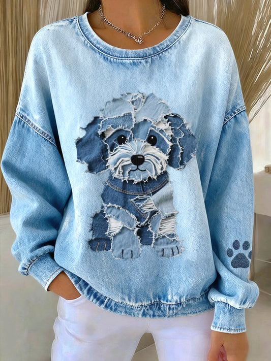 Mujer Encantadora Perro Denim Patchwork Patrón Sudadera