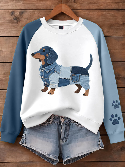 Mujer Denim Patchwork Art Dachshund Perro Patrón Sudadera