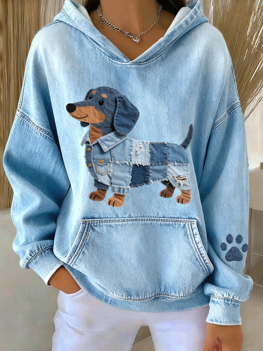 Encantador Dachshund Dog Denim Patchwork Pattern Hoodie para mujer