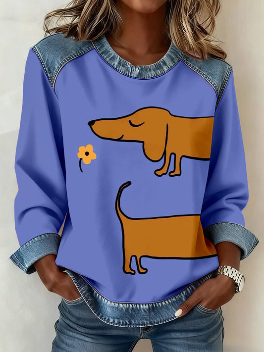 Dachshund Art Print Denim Patchwork Sudadera de mujer