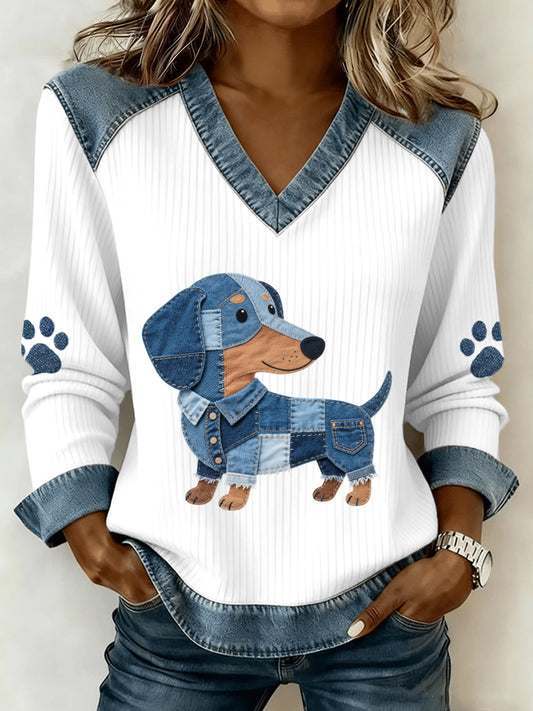 Encantador Dachshund Patrón Denim Patchwork V-Neck Top de mujer