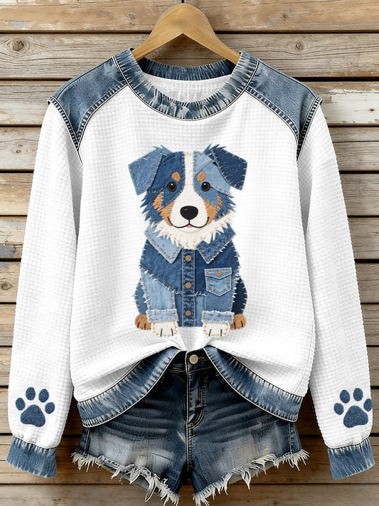 Encantador de las mujeres Pastor Australiano Patrón Denim Patchwork Waffle Sudadera