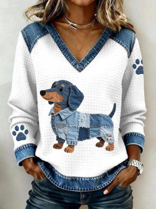 Encantador Dachshund Dog Pattern Denim Patchwork V-Neck Top de mujer