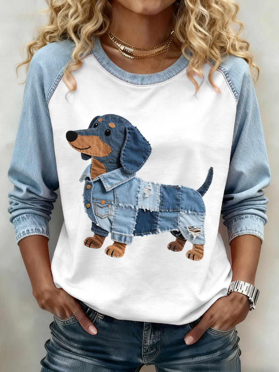 Encantador Dachshund Perro Patrón Denim Patchwork Sudadera de mujer