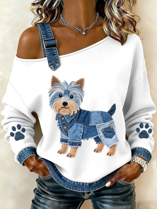 Mujer Lovely Yorkshire Terrier Pattern Denim Patchwork Top