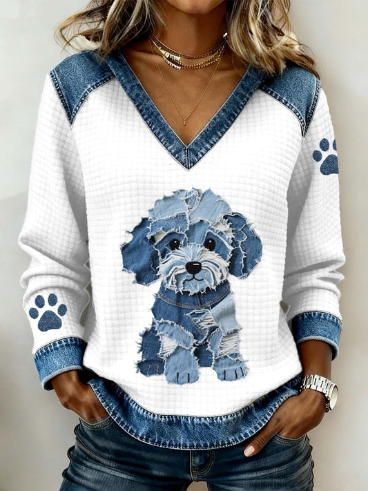 Mujer Lovely Dog Pattern Denim Patchwork V-Neck Top