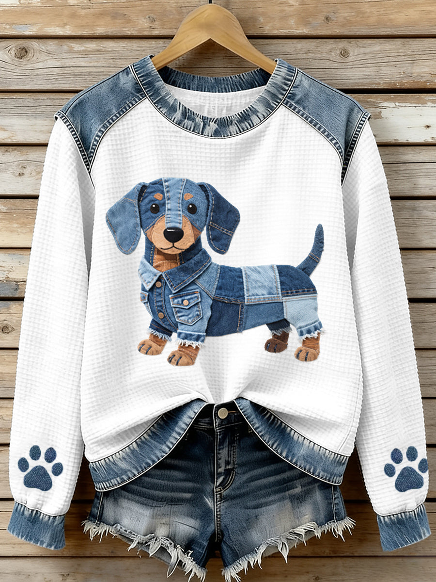 Encantador Dachshund Patrón Denim Patchwork Waffle Sudadera de mujer