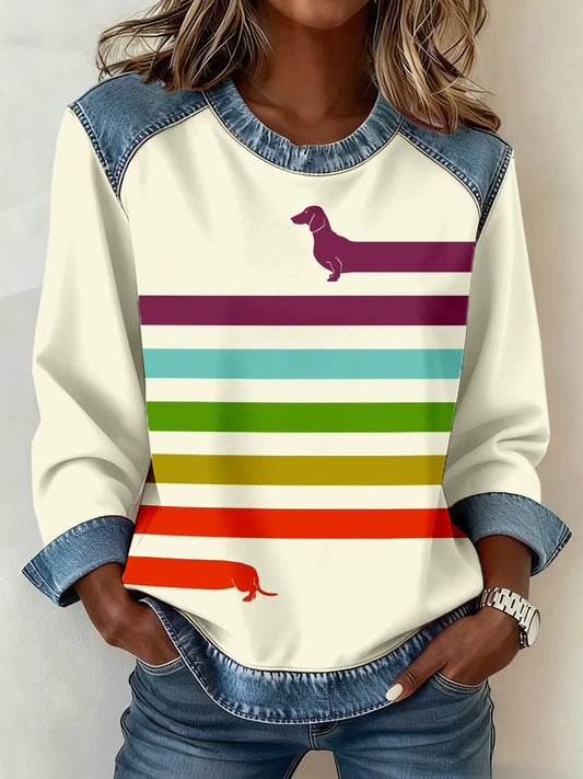 Dachshund Art Print Denim Patchwork Sudadera de mujer