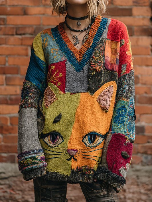 Tops con cuello en V retro Art Cat de mujer