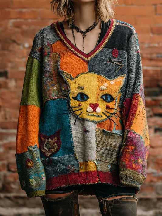 Tops con cuello en V retro Art Cat de mujer