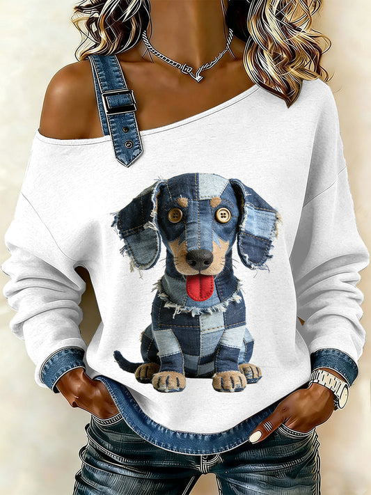 Sudadera casual con estampado de retazos de perro vintage para mujer